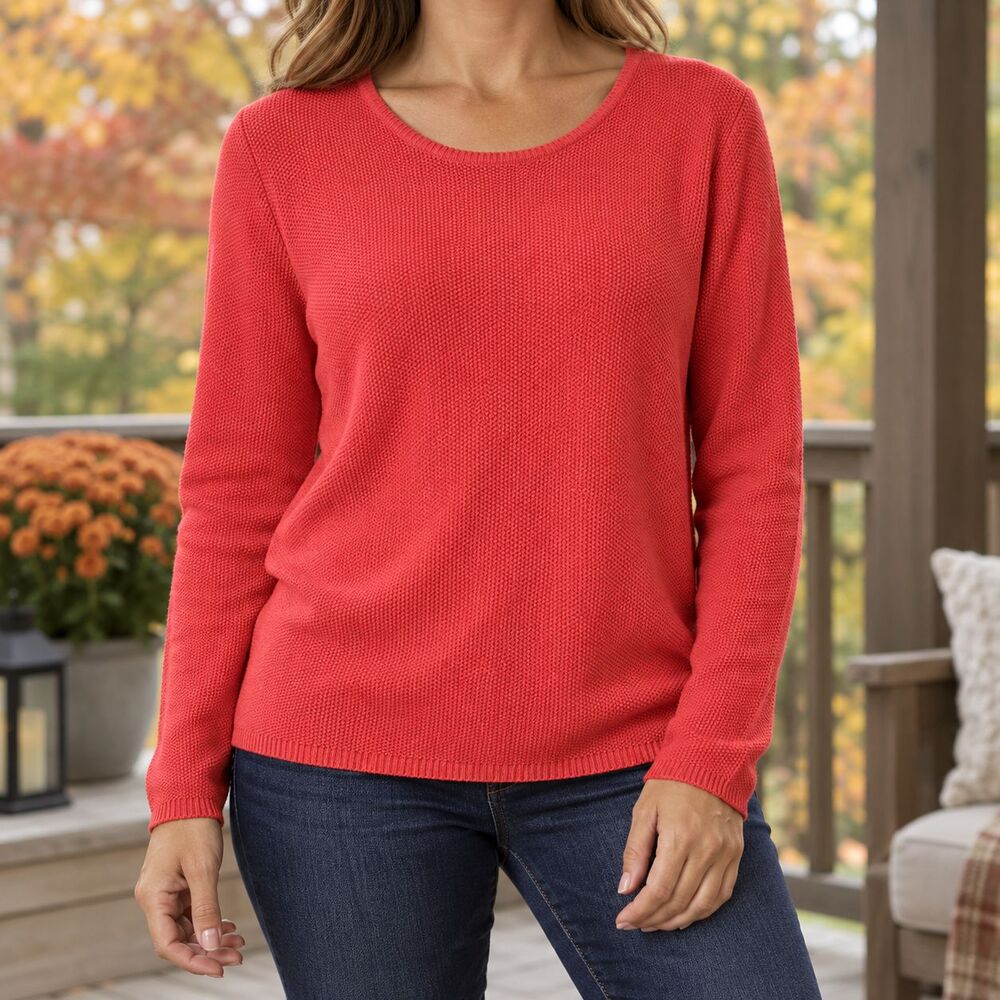 Chico’s coral red textured knit sweater size 1 women’s medium 8–10 rayon